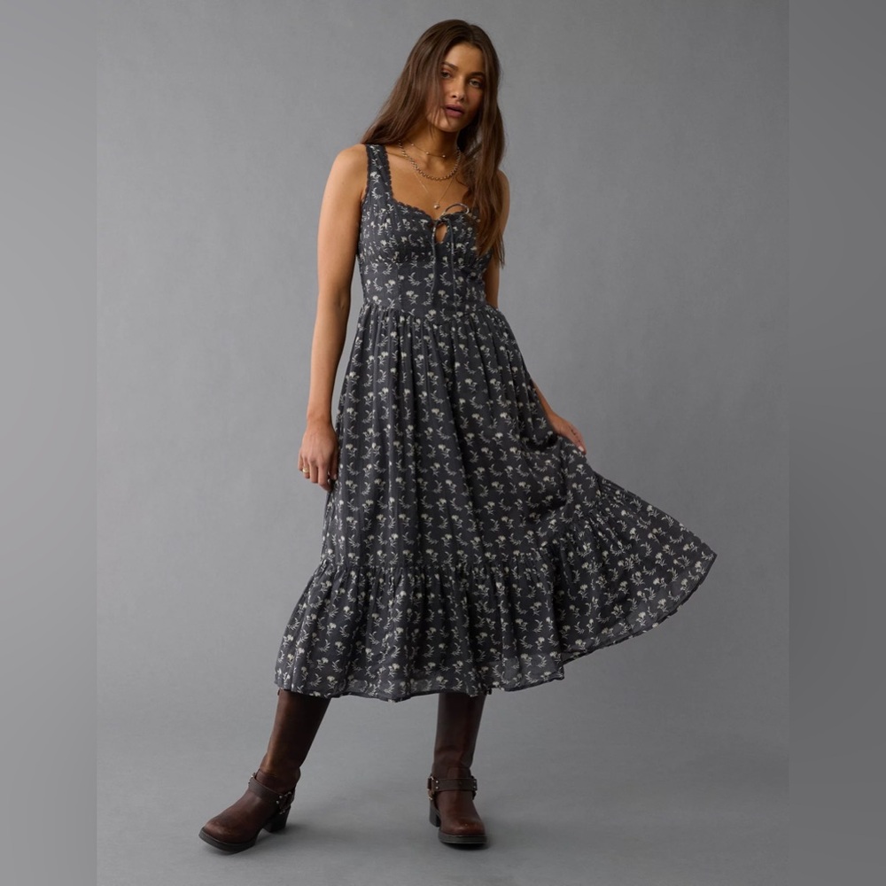 American Eagle Outfitters Black Floral Midi Dress with Floral Print